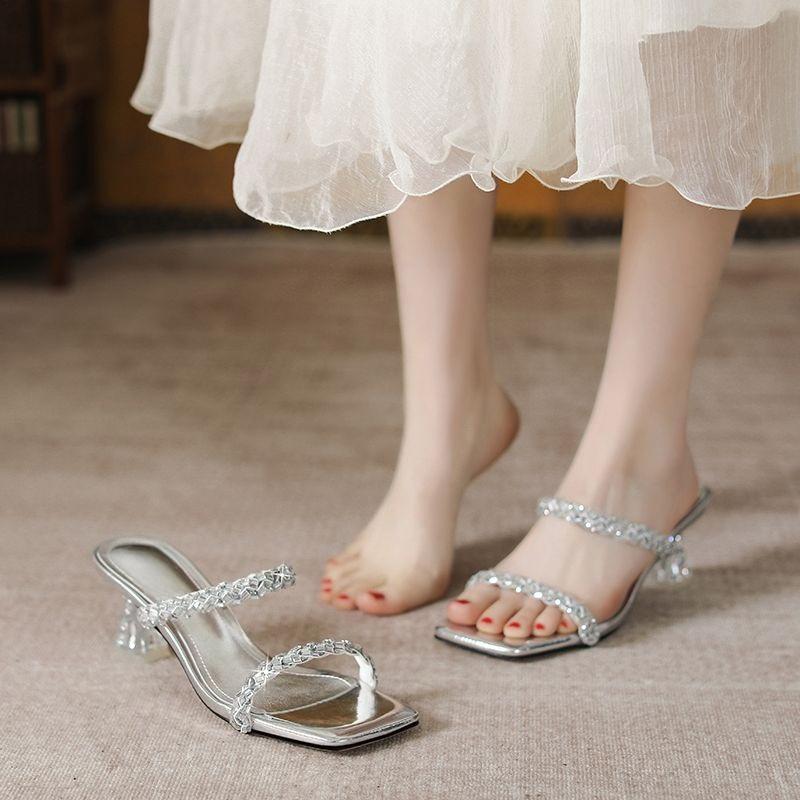 Transparent Slim Heel Liangtuo Women's Square Toe Open Toe Crystal One Strap Anti-slip Wear-resistant High Heels