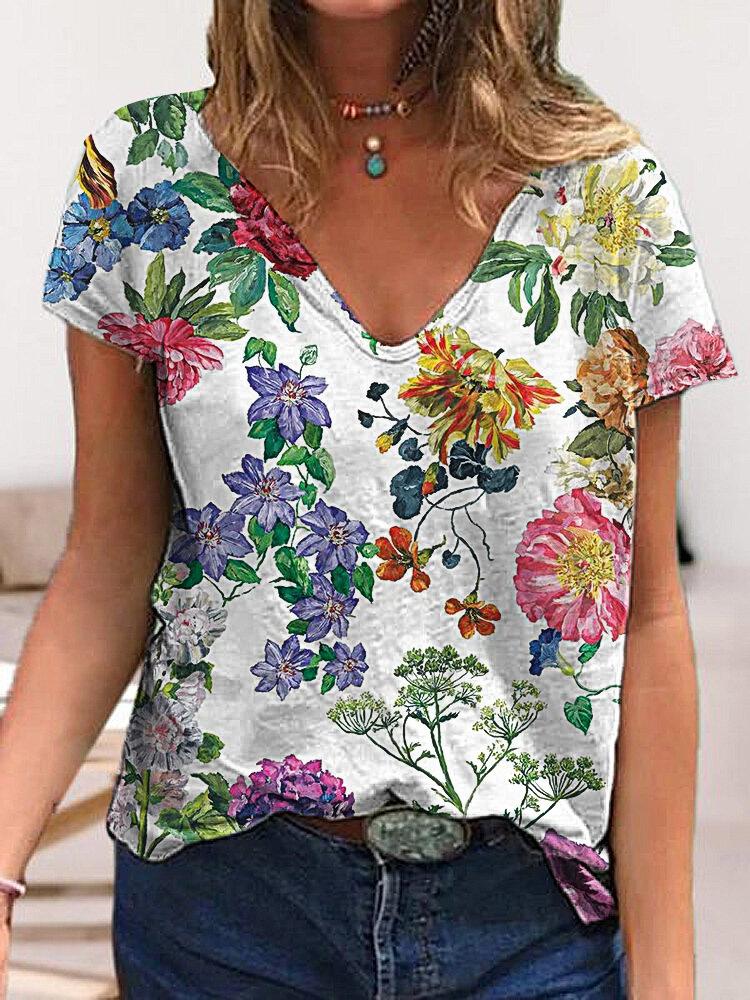 Nuevas Camisetas de Mujer Florales Estampado 3D Verano Cuello en V Manga Corta Camiseta Y2K Camisetas Largas Harajuku Ropa Femenina