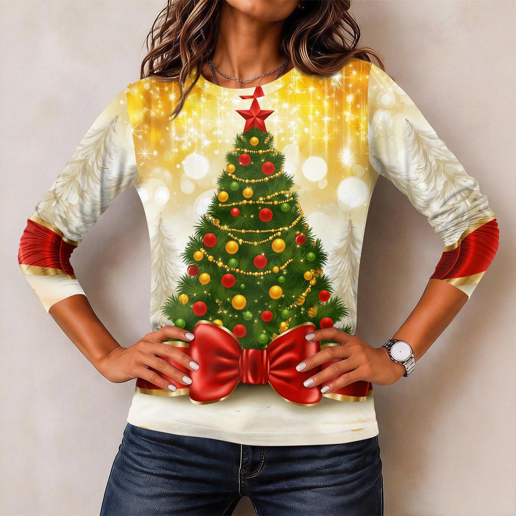 Women's Christmas Print Long Sleeve Neck Pullover Top