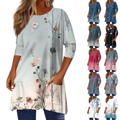 3/4-Ärmel-Taschenoberteile für Damen, T-Shirt, lässiger Druck, mittellange Oberteile, T-Shirt, Rundhalsausschnitt, Pullover, Bluse