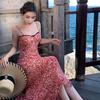 Retro red printed suspender dress women's summer lace splicing waist fishtail skirt pure hip-wrapped dress