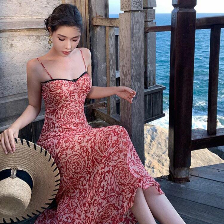 Retro red printed suspender dress women's summer lace splicing waist fishtail skirt pure hip-wrapped dress
