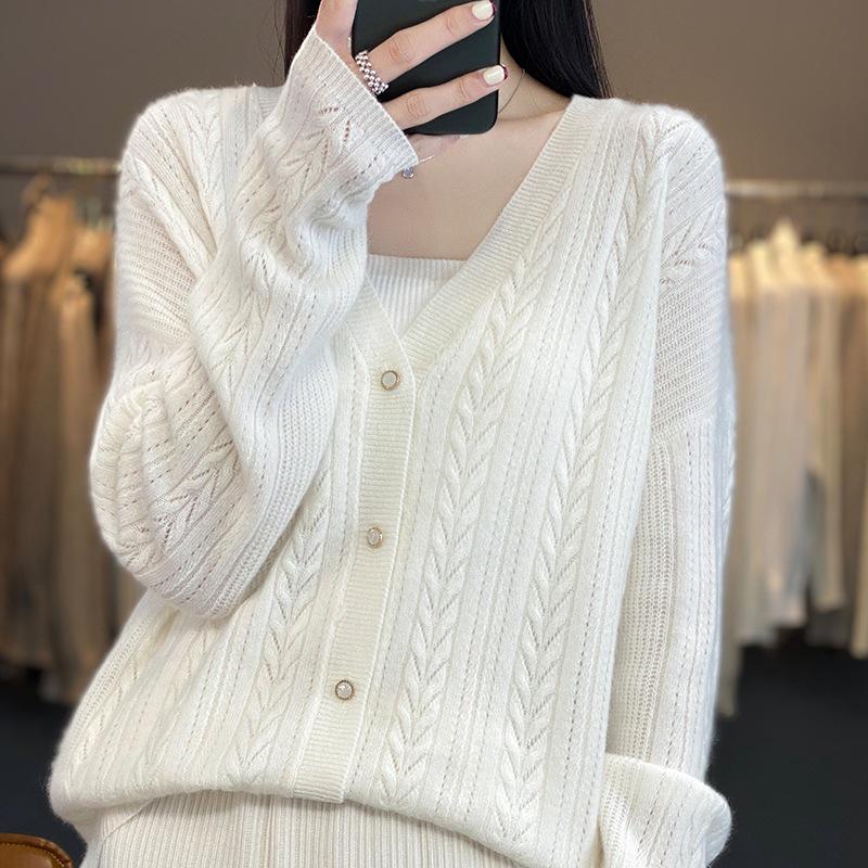 Women's 2023 V-Neck Hollow-Out Cashmere Wool Cardigan - Loose Fit, Cable Knit, Short Sweater