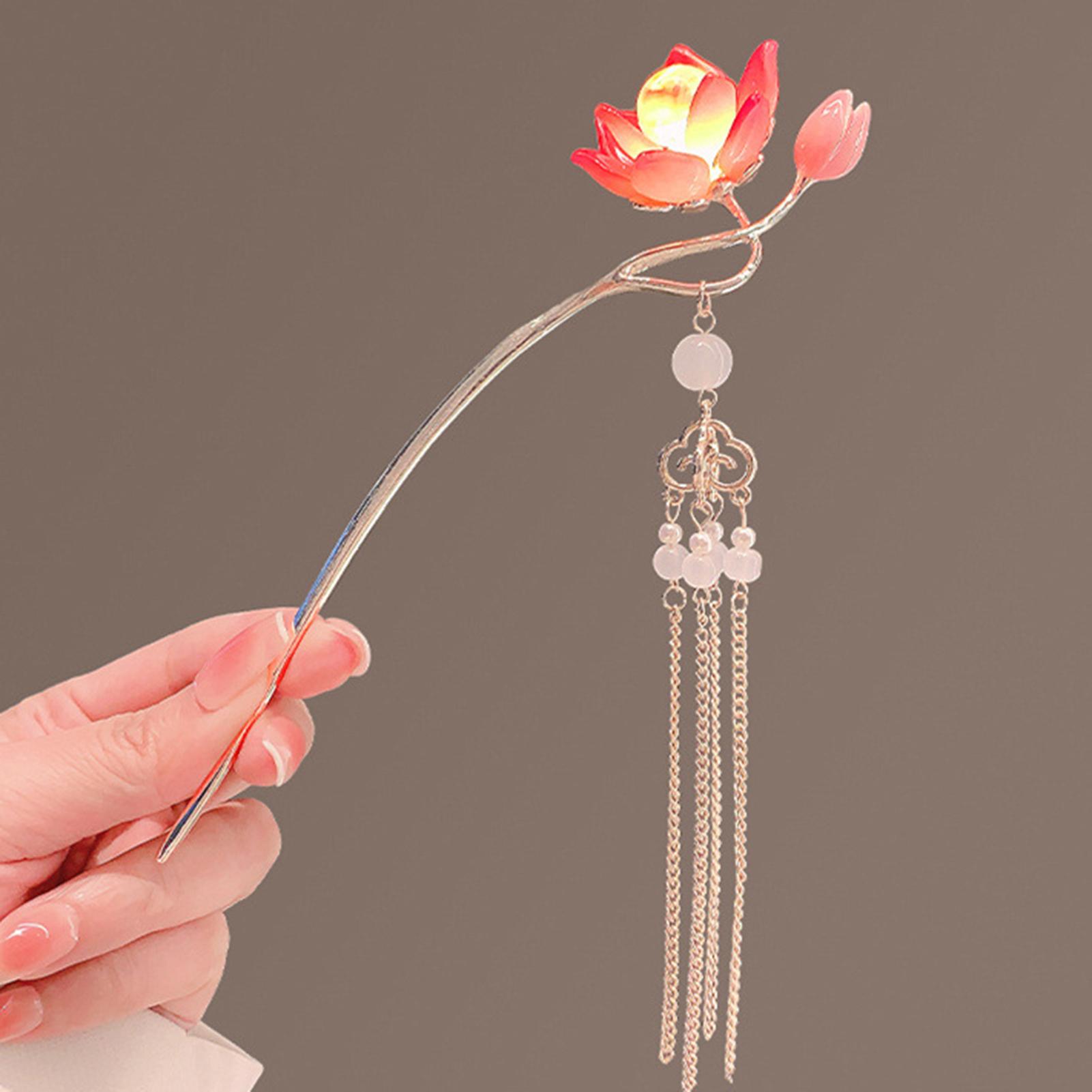 Luminous Antique Hairpin Chinese Flower Tassel Hair Stick Luminous Lotus Pearl Tassel Metal Headwear Jewelry Hair Accessory