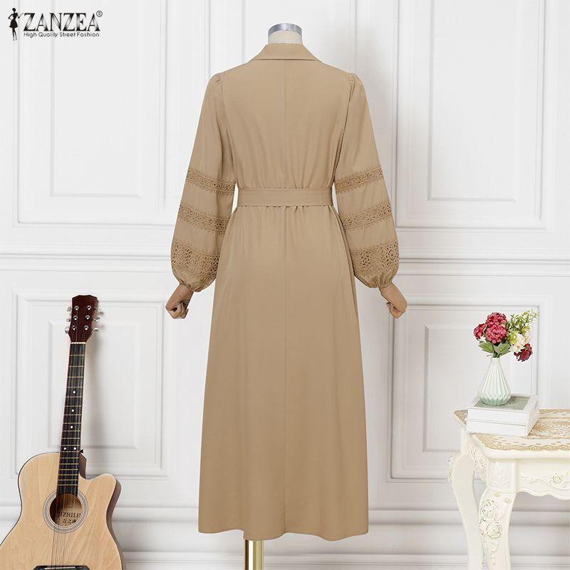 ZANZEA Women Casual Turn Down Collar Long Sleeve Elegant Lace Splice Long Dress
