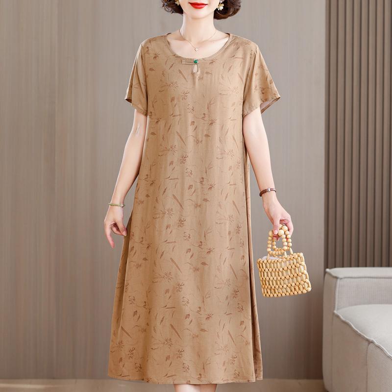 Elegant Long Dresses for Women Plus Size Loose Short Sleeve Vintage Dress Summer Middle-aged Women's Clothing