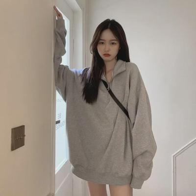 Spring 2024: Women's Loose Polo Collar Sweatshirt, Mid-Length BF Style Pullover for Students