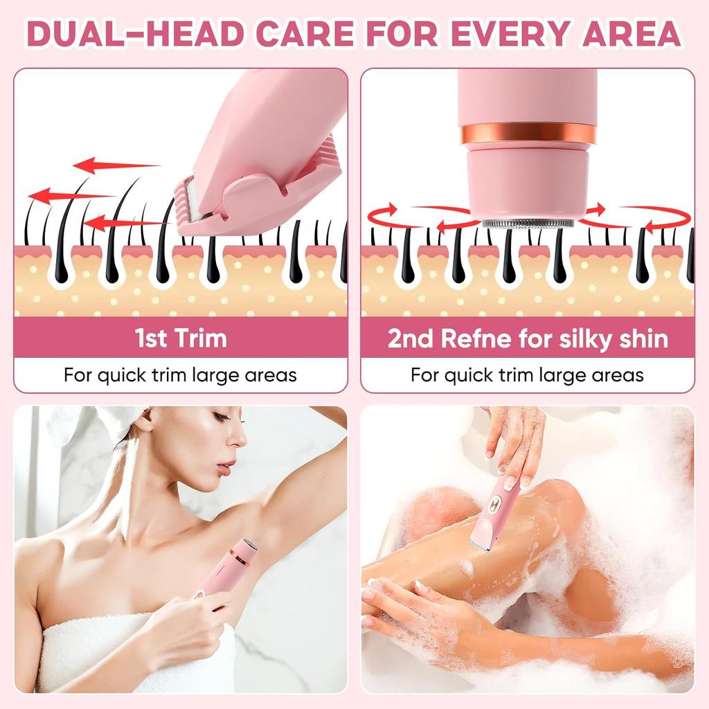 2 in 1 Bikini Trimmer for Women, Dual Head Electric Razor, IPX7 Waterproof Wet/Dry Use Women Electric Shaver, Painless Body Facial Hair Remover for