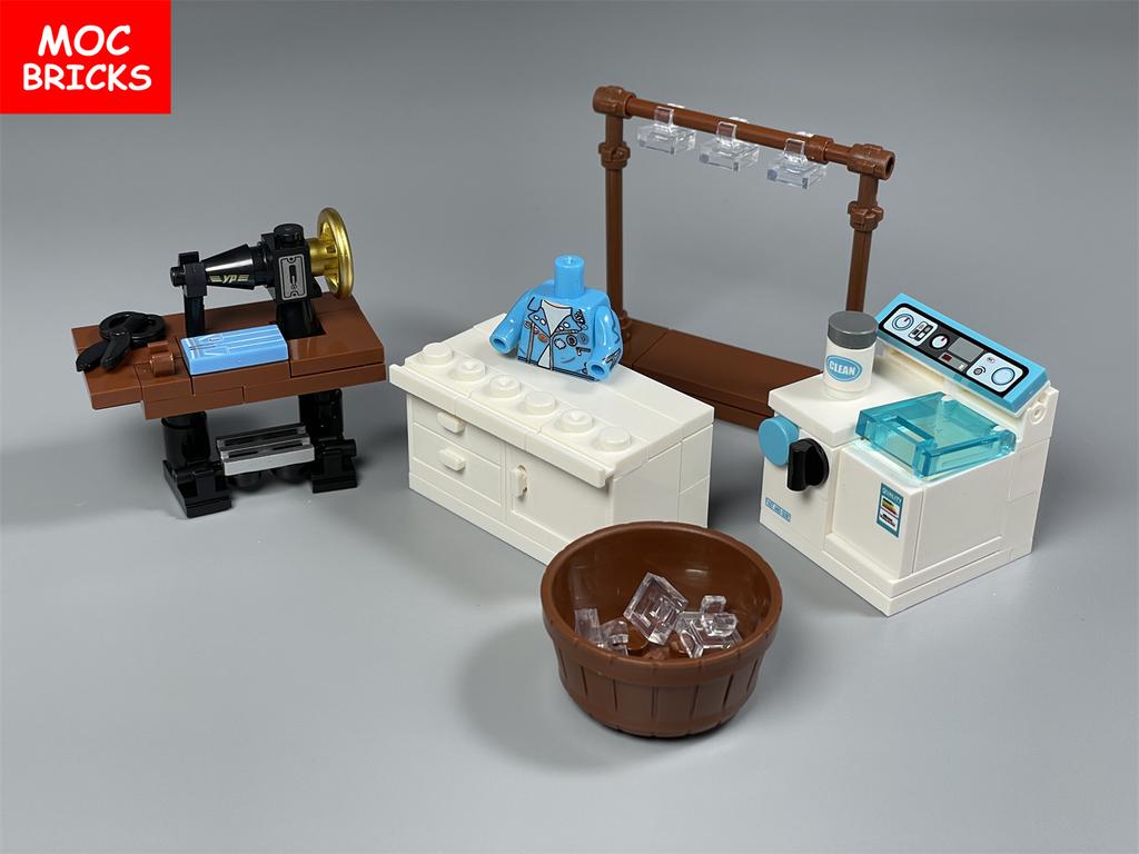 MOC Bricks House Mini Retro Furniture Kitchen Tool Sewing Machine House Living Room Accessories DIY Building Blocks Kids Toy