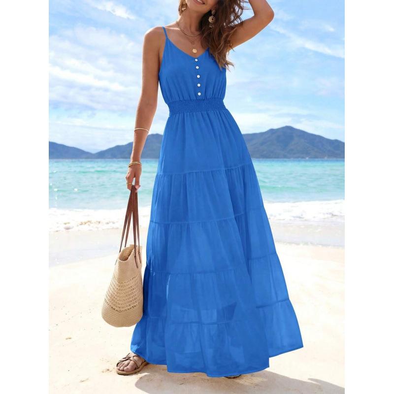 Europe, America 2026 Summer New Simple High Waist and Thin Casual Beach Vacation Suspender Dress