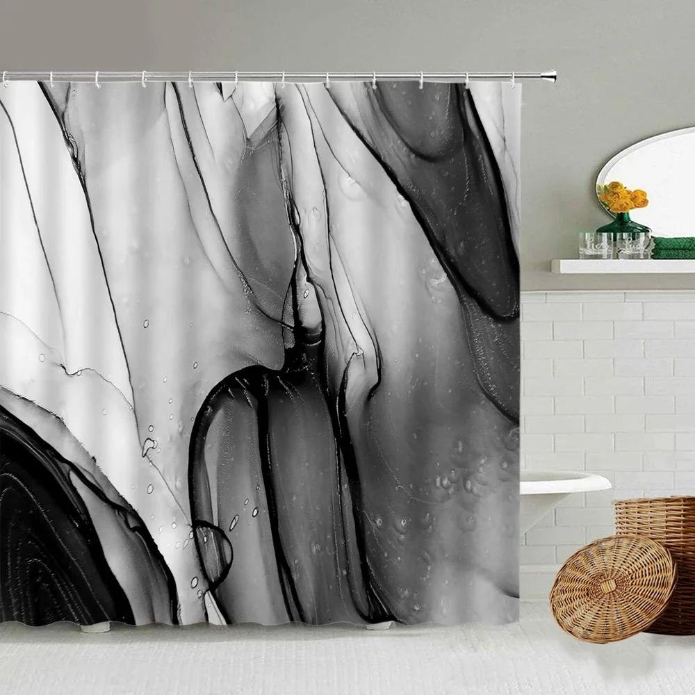 Abstract Marble Shower Curtain, White Gray Black Gold Blue Green Textured Stripe Simple Modern Ink Art, Bathroom Decorative