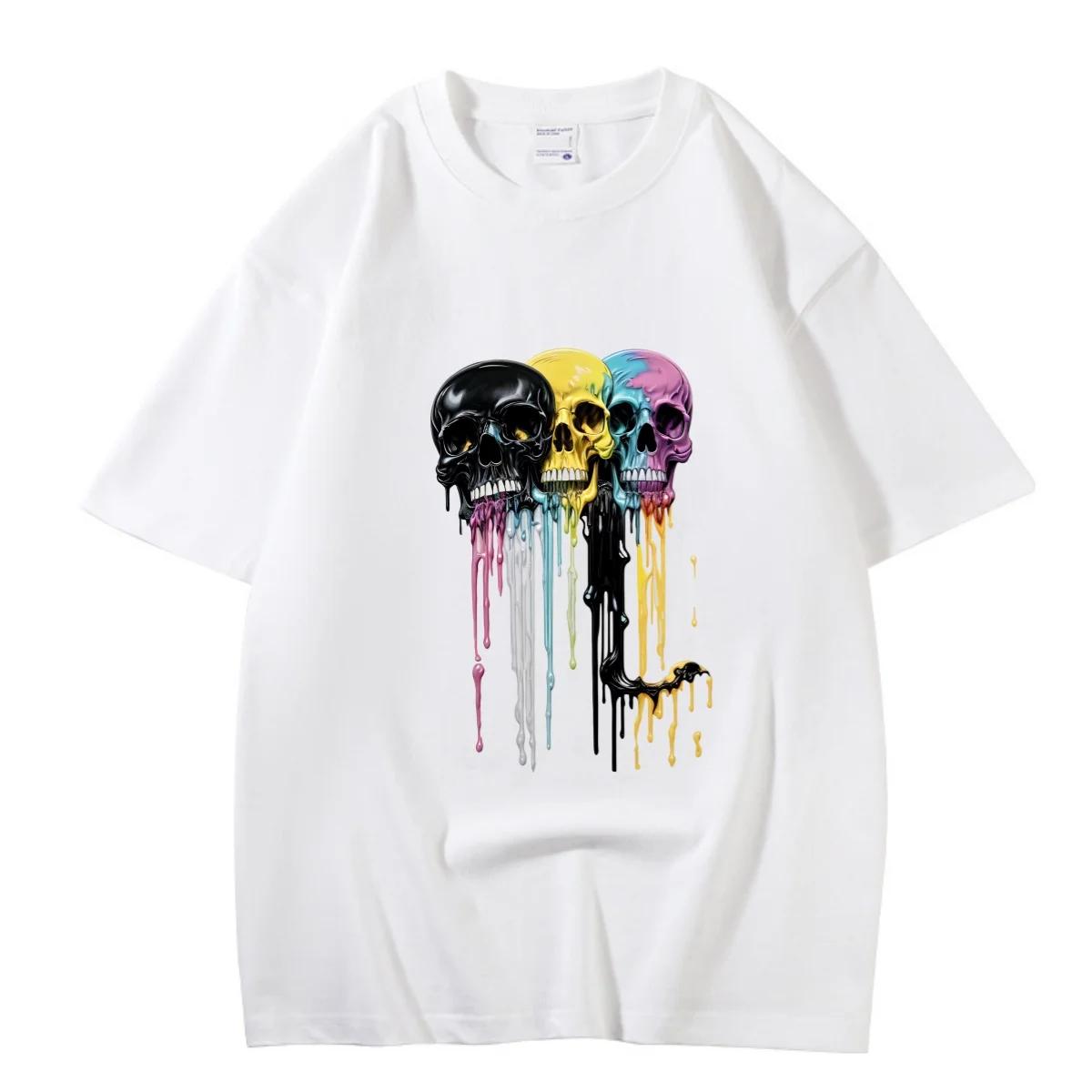 

Летняя футболка с забавным черепом, мужская хлопковая свободная футболка с короткими рукавами и простым принтом, модная повседневная футболка XL белый