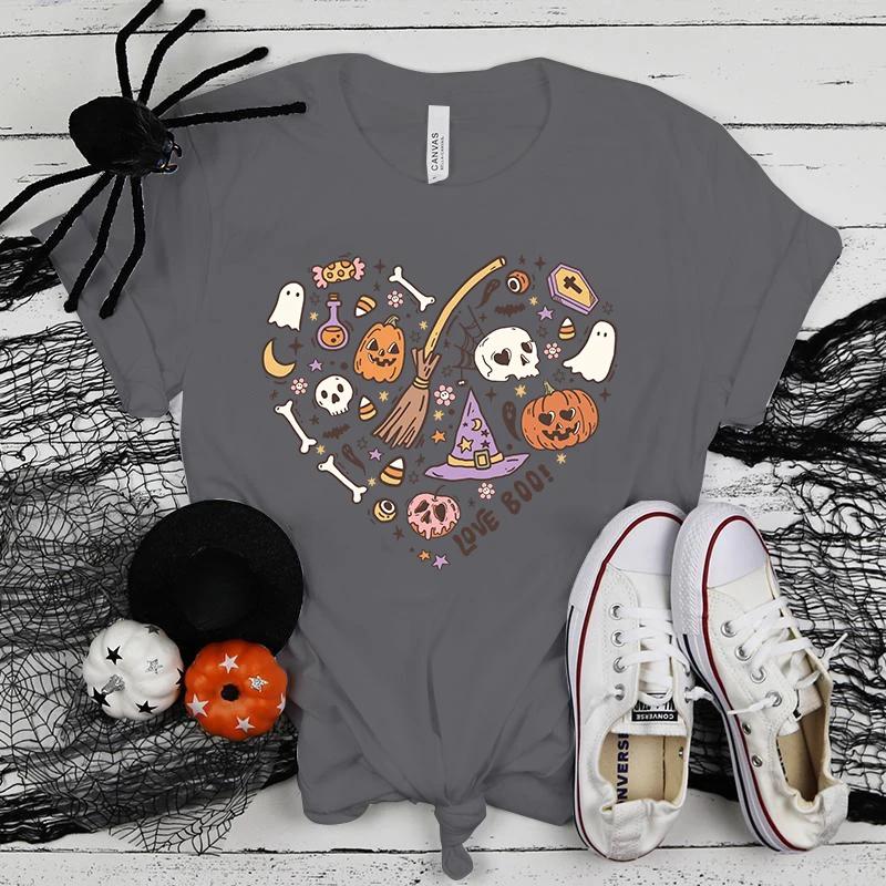 Fashion Halloween Love Boo Printed Short Sleeve Halloween Love Boo T-Shirt For Women Summer Casual T-Shirts Top