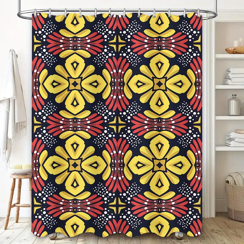 Decorative Fabric Shower Curtain Kawaii Flower Print, Black Red Yellow Pink Floral Pattern Waterproof Bathroom Decor DIY Handmad