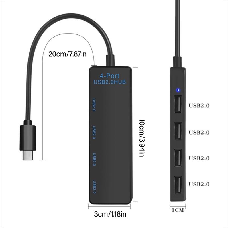 USB C To 4 Port USB 2.0 Hub Adapter for Connecting Mouse Keyboard Flash Drive and More Charging Dock