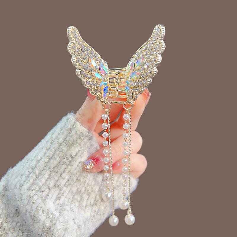 Exquisite Rhinestone Butterfly Fringe Hair Claw Korean New Ponytail Braid Pearl Hair Clip Girl Crab Metal Headdress Gift