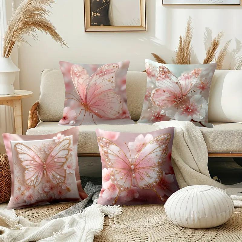 4Pcs Pink Butterfly Cushion Cover Cherry Blossom Flower Pearl Printed Pillow Case Polyester Home Decor Sofa Living Room 2D Flat