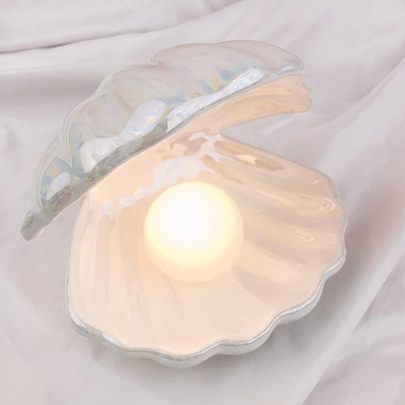Ins Ceramic Shell with Pearl Night Light Streamer Mermaid Light Fairy Shell Night Lamp for Bedside Home Decor Xmas Gift
