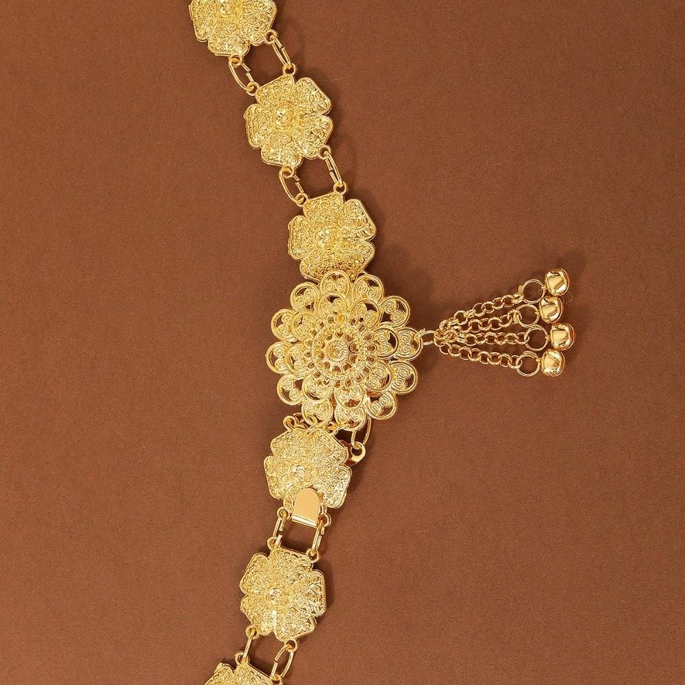 Retro Water-Sprinkling Festival Waist Chain Carved Design Hollow Out Thai Belly Waist Chain Gold Color Tassel Detail Metal Belt