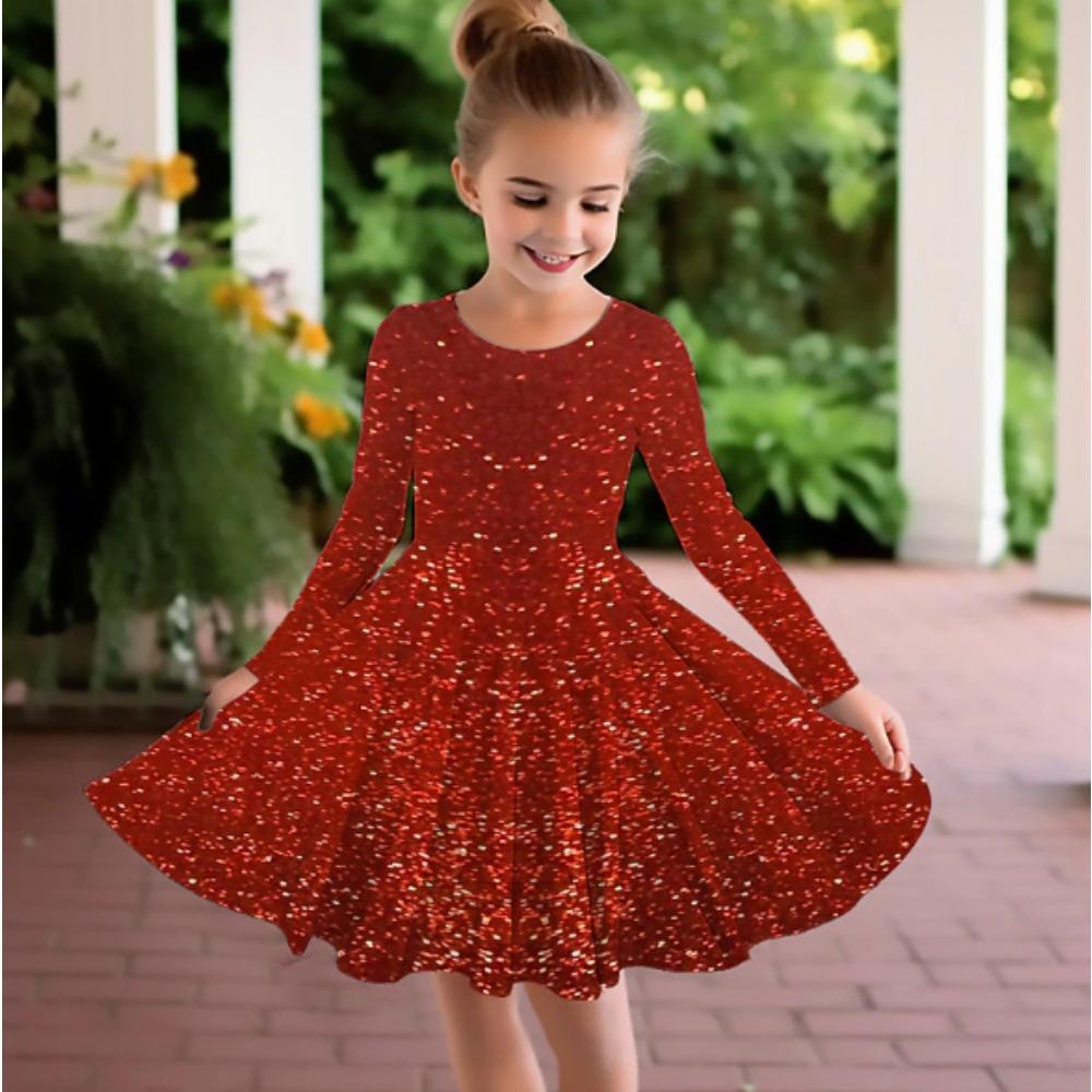 Girl Casual 3D Snowflake Pattern Print Round Neck Long Sleeve Dress Kid Princess Dress 80 красный