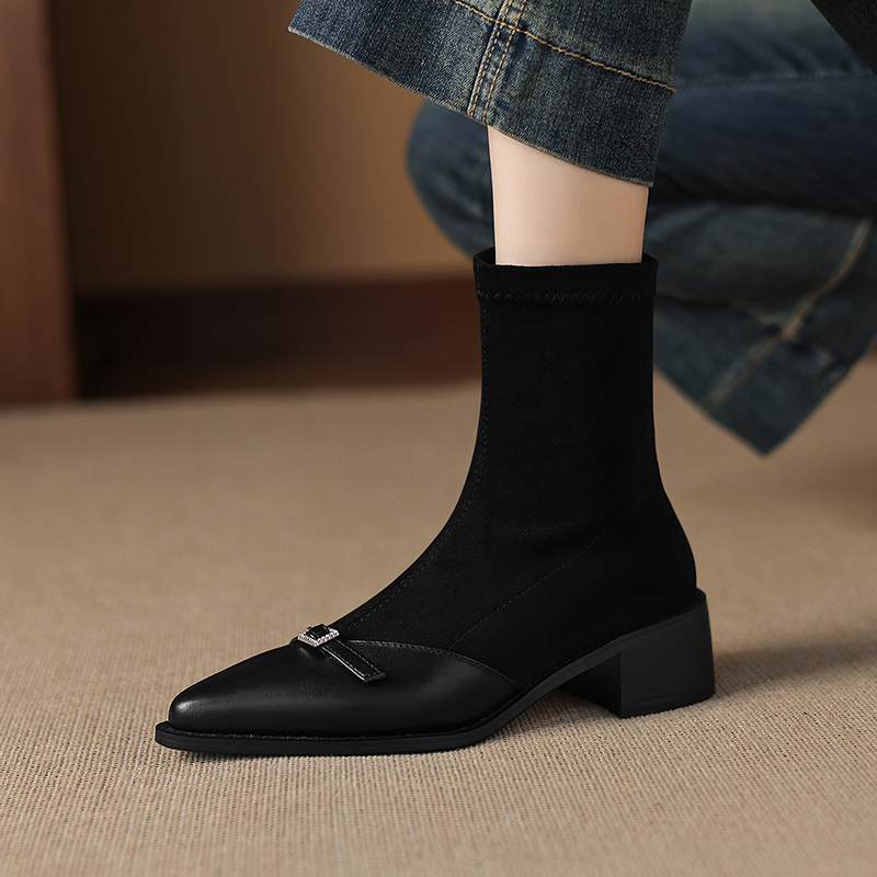 Krazing Po Microfiber Winter Pointed Toe Size 33 Western Boots Size 43 Metal Buckle Thick Heels Elastic Ankle Boots