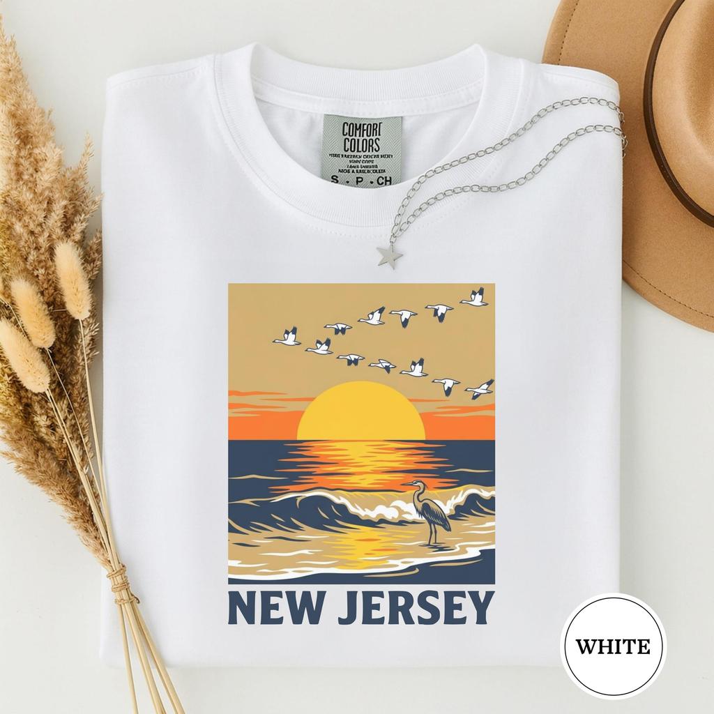 New Jersey Sunset Beach TShirt Vintage Coastal Graphic Tee with Seagulls Waves Ivory Casual Summer Top for Women Unisex Unisex