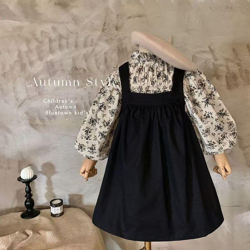 

2024 Autumn Korean Mori Style Girls Floral Shirt & Suspender Skirt Set 80