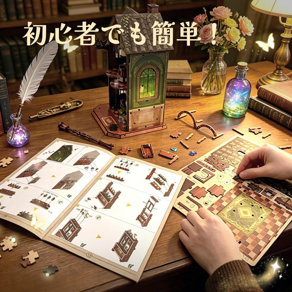 DIY Book Nook Kit Miniature House with LED Lights 3D Wooden Owl Library Design Bookshelf Inserts Assembly Model Craft Kit for Adults & Teens Interior