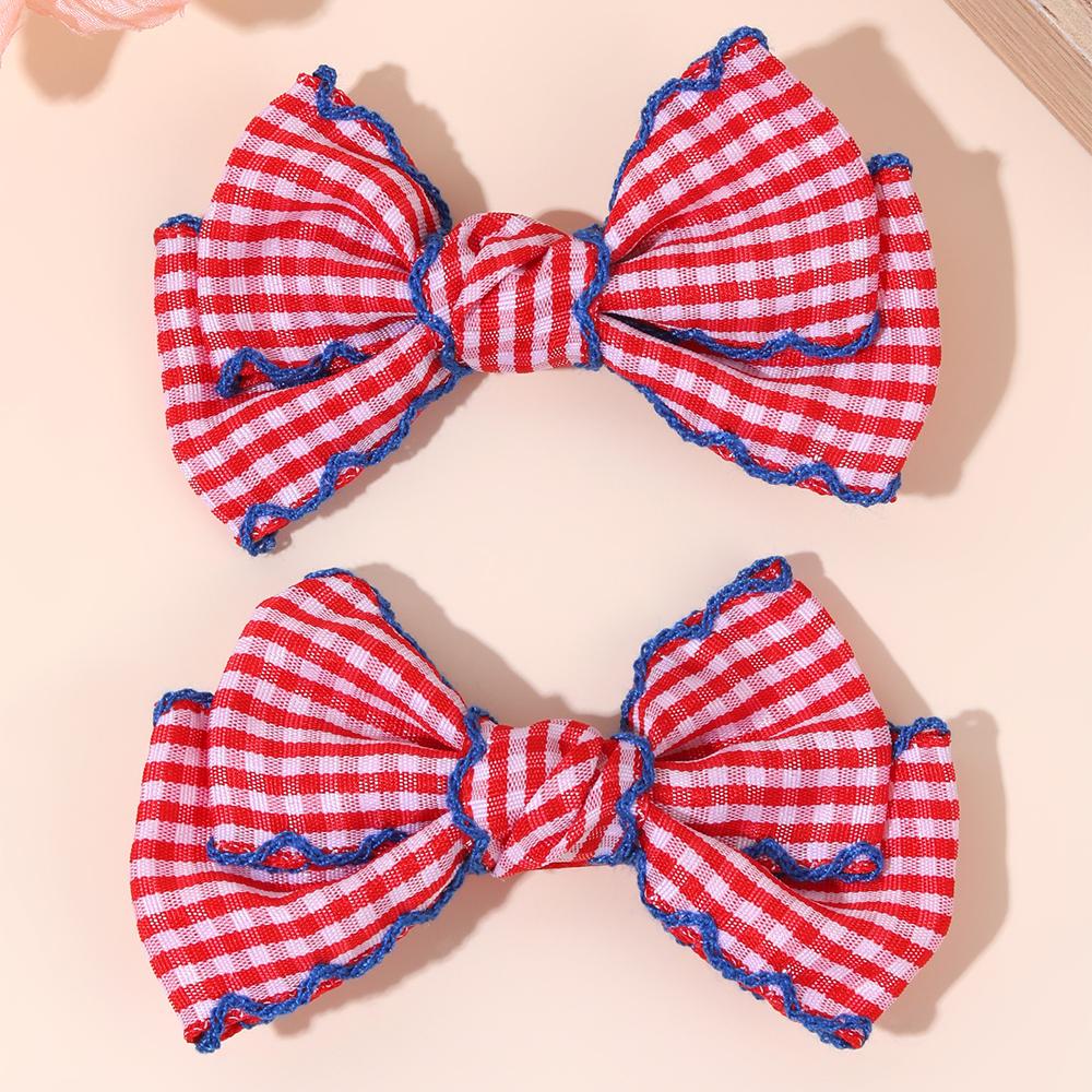 2Pcs Lovely Handmade Fabric Plaid Barrette Hair Bow Clip with Moonstitch Edge Hair Clip School Gingham Headdress