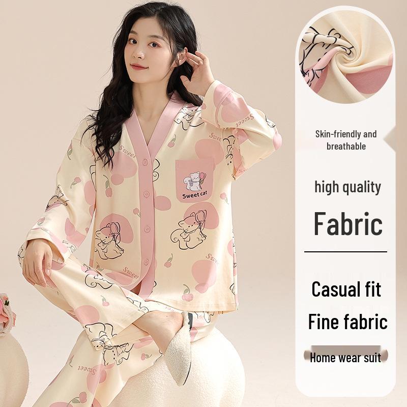 Autumn V-Neck Women's Pajamas Set: Cute Long-Sleeve, Plus-Size Homewear for Spring/Autumn.