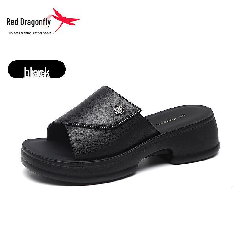 Women s Red Dragonfly Leather Platform One-Strap Sandals - Non-Slip, Soft Sole, Outdoor Wear 2025 Summer Collection 36 чёрный