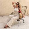 Casual Simple Imitation Linen Color Contrast Shoulder Strap High Waist Wide Leg Jumpsuit