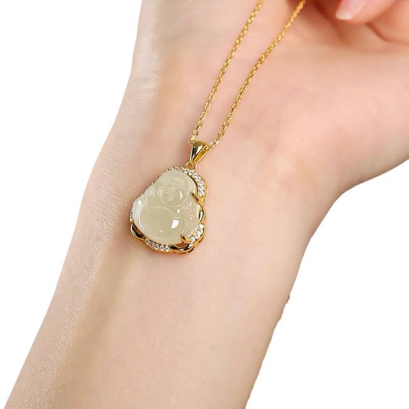 Maitreya Buddha Hetian Jade Pendant Necklace with Gold Inlay - Women's Luck-Turning Gift for Live Stream Traffic Boost