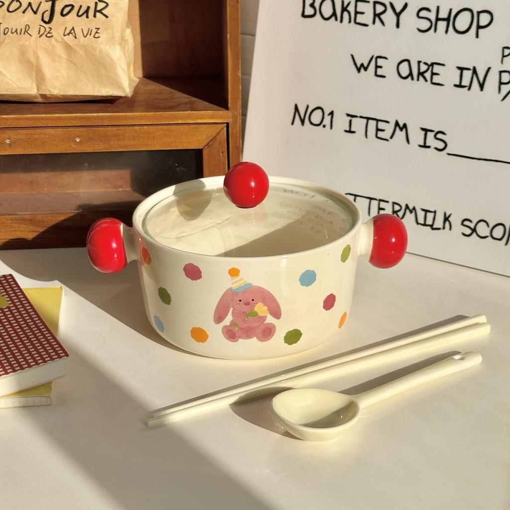 Cute instant noodle bowl with lid spoon Ceramic big bowl High value snail wordy powder bowl Student dormitory rice bowl