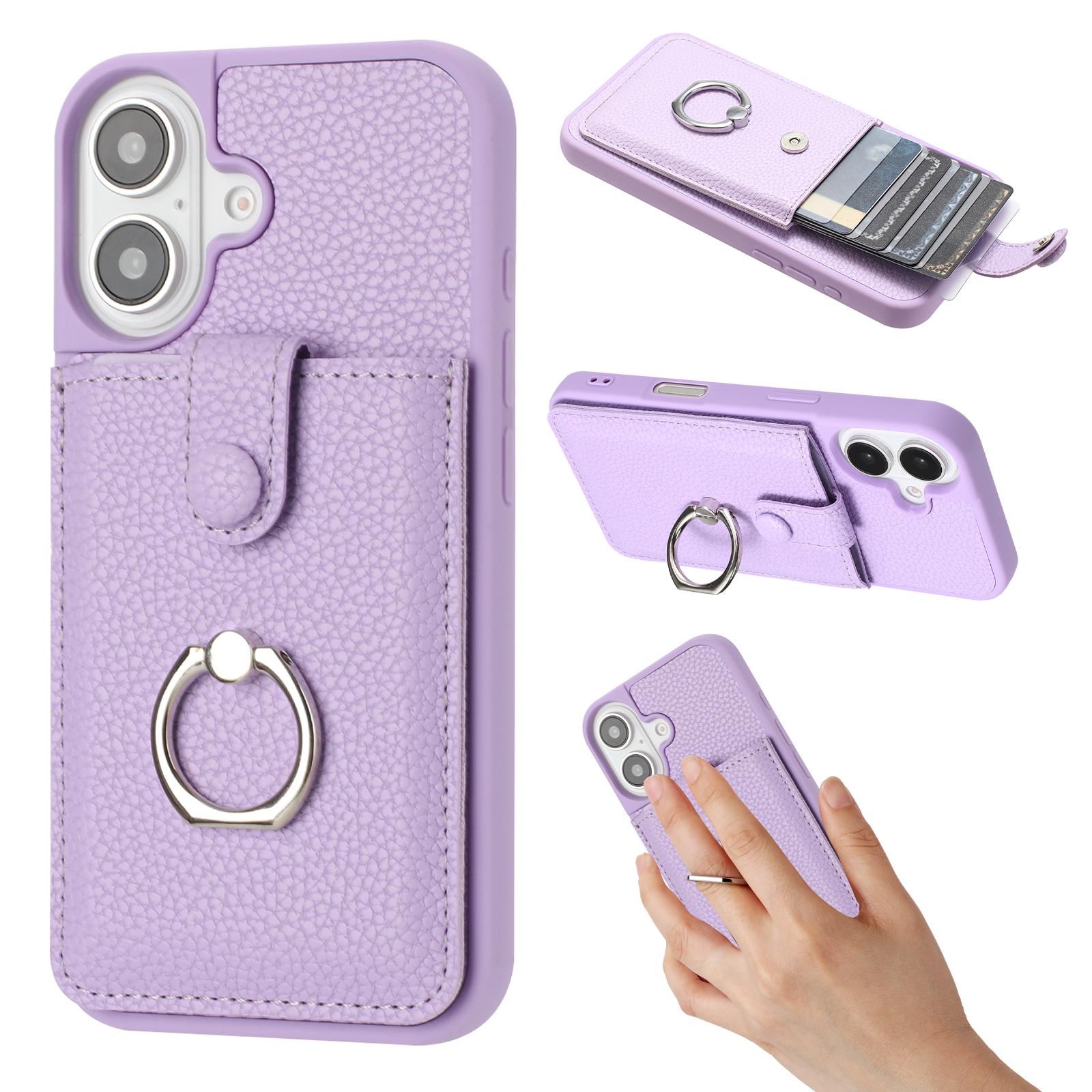 

For iPhone 16 Case Drawing Type Card Slots Litchi Texture Leather Back Cover with Ring Kickstand Purple