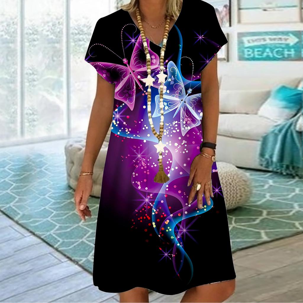 Summer Fashion V-neck Dress Ladies Short Sleeve Curved Butterfly Printed Dress Loose Casual Dress for Women