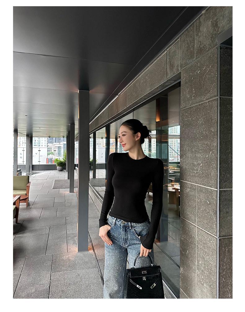 Shanxi Women's 4-Color Versatile Knit T-Shirt: Elastic, Soft, Long-Sleeved, Round Neck Top for Autumn/Winter Wear.