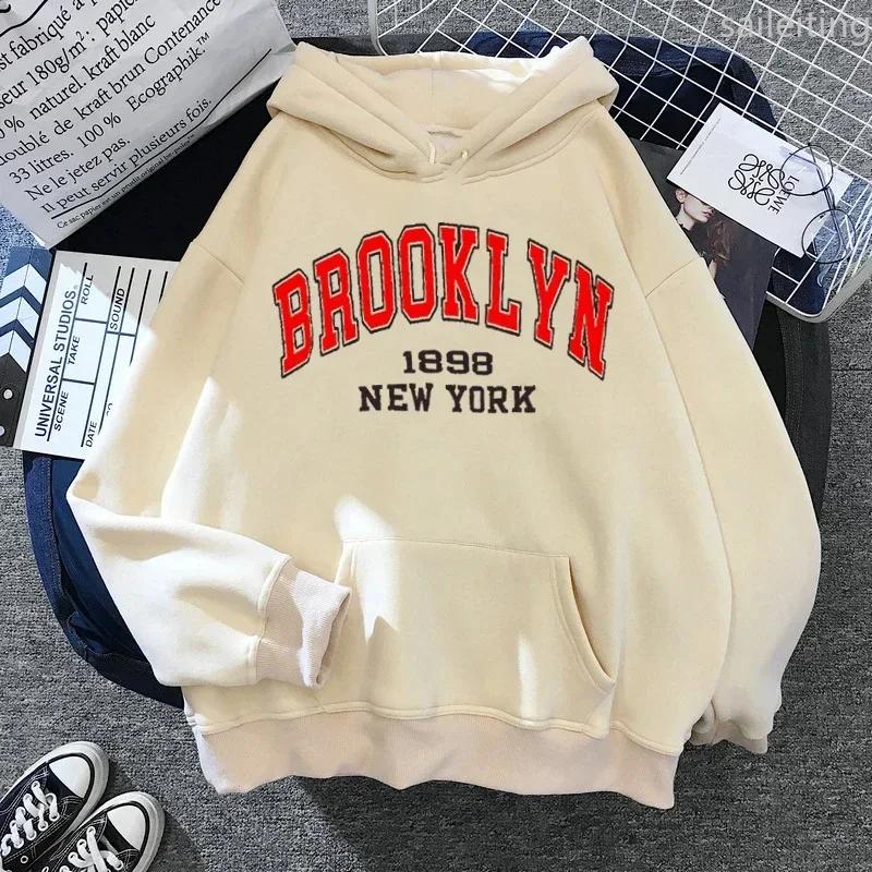 Brooklyn Letter Print Kangaroo Pocket Hoodie Sweater Fashion Hip Hop Street Ladies New York Autumn Clothing Winter Clothes Women
