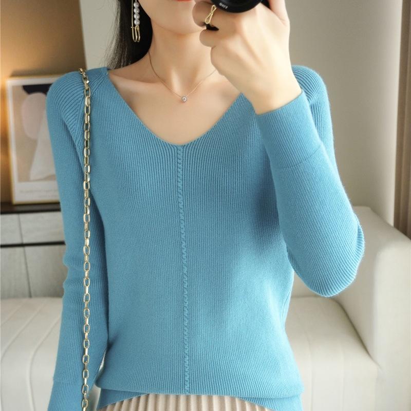 Spring and Autumn New V-Neck Long Sleeve Women's Bottom Knitted Sweater Top Autumn and Winter Slim-fit Tights Sweater Women's Inside