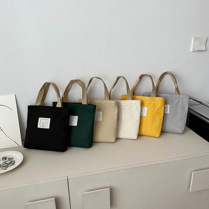 Women Fashion Handbag Canvas Small Bear Tote Bag Hand Lunch Bag Korean Canvas Bag Handbags Cotton Cloth Picnic Travel Bento Bucket Bag