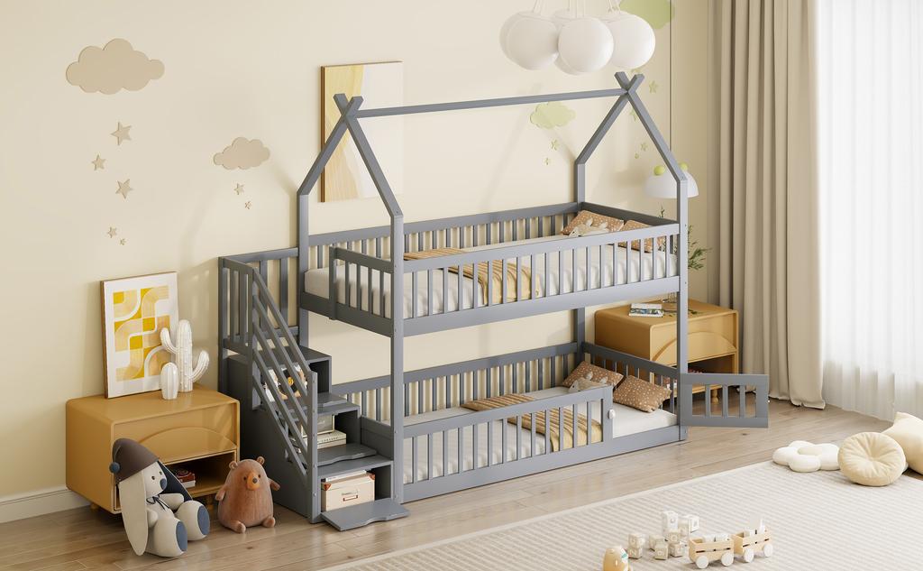 90x200 Children's Bunk Bed Solid Wood Bed with Roof, Safety Stairs and Storage Drawers, Storage Children's Bed Single Bed Gray