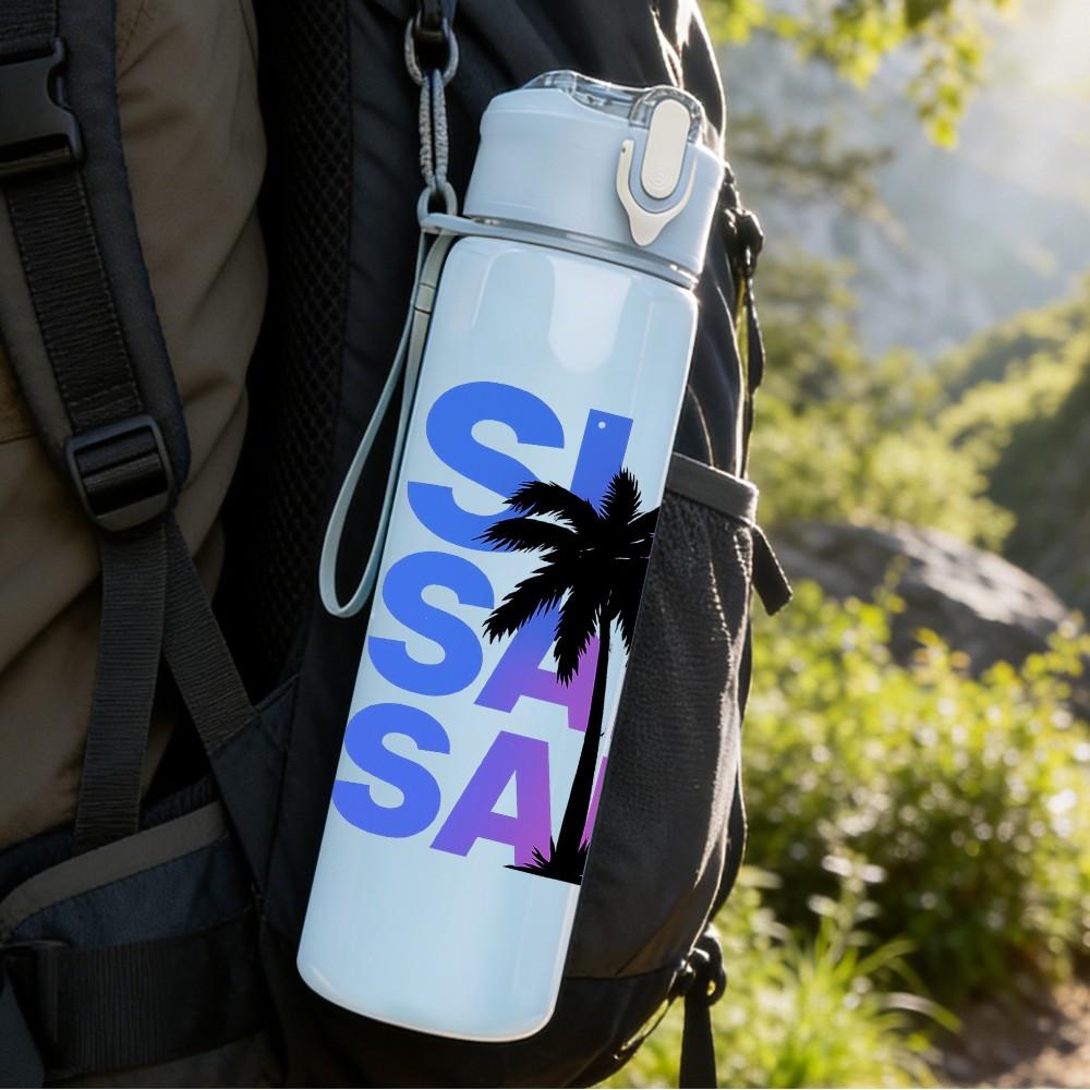 1PC Sun Sand Palm Tree Text Graphic 750ml Color Plastic Sports Water Bottle Leakproof Flip Straw Lid Suitable for Sports Office Home Use