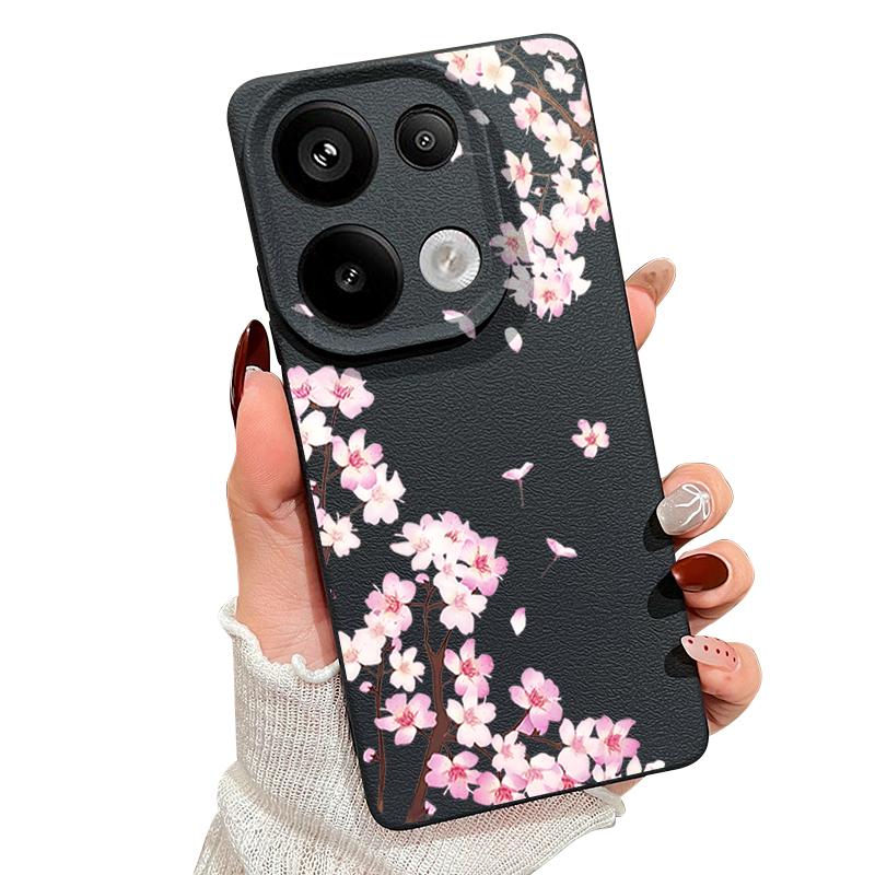Pink Peach Blossoms Floral Pattern Case For Xiaomi Redmi Note 14 Pro 5G Funda Redmi Note 13 12 11 Pro 5G 4G Leather Texture Silicone Cover