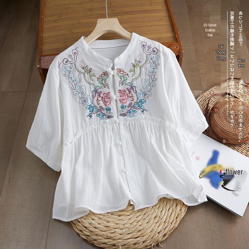 2026 Retro Embroidered Cotton Linen Shirt - Loose Fit with Frog Buttons