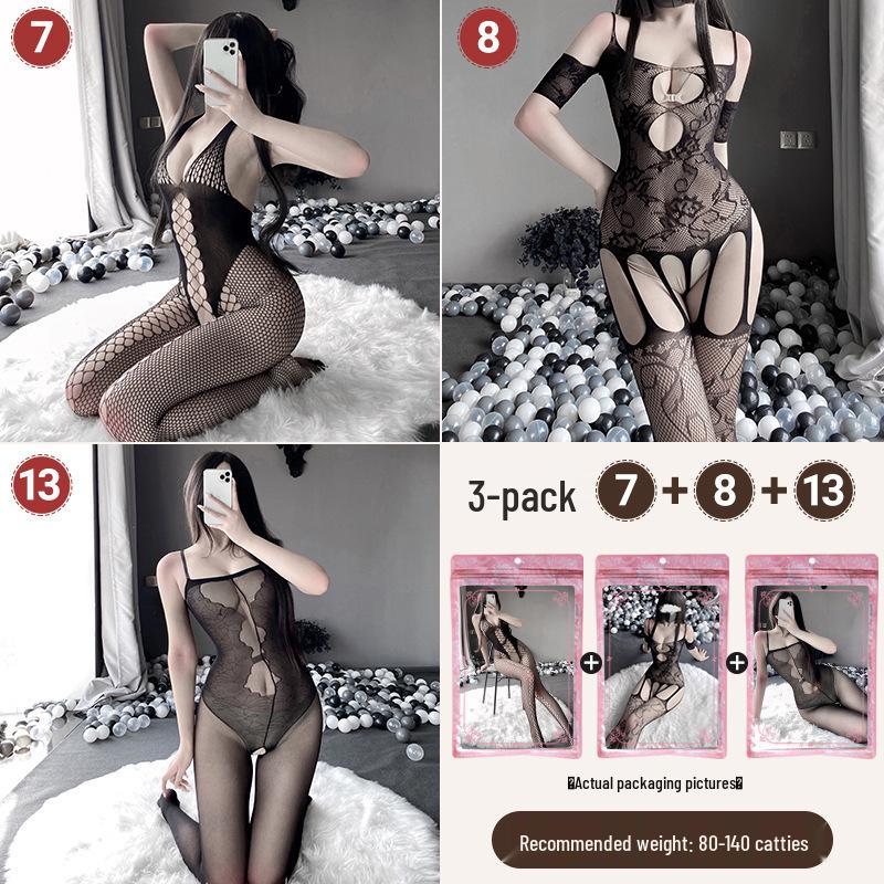 Transparenter Cut-Out Bodysuit mit Strümpfen mit offenem Schritt - Sexy Dessous-Set