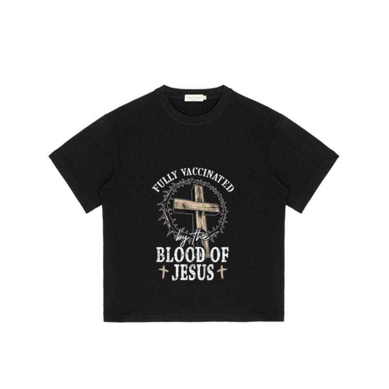 Schwarzes T-Shirt Vollständig geimpft durch das Blut Jesu Kreuz und Dornenkrone Religiöses Grafikdesign für Freizeitkleidung