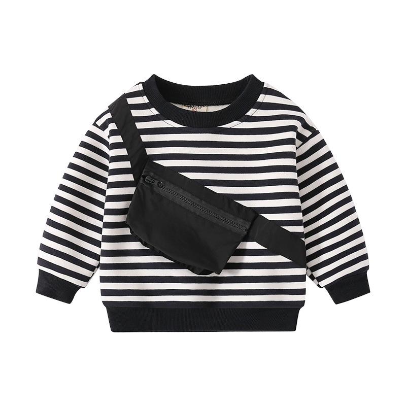 Autumn and Winter Boys Striped Fleece Sweater Striped Round Neck Medium Children's Top Casual Fleece Long-sleeved Top