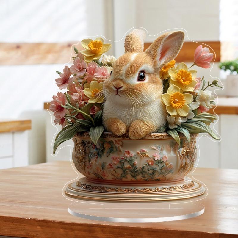 2D Flat Acrylic Bohemian Easter Bunny Tabletop Decoration, with Vase Decoration, Suitable for wall decoration, porch, room, villa, accents Home, Hallw