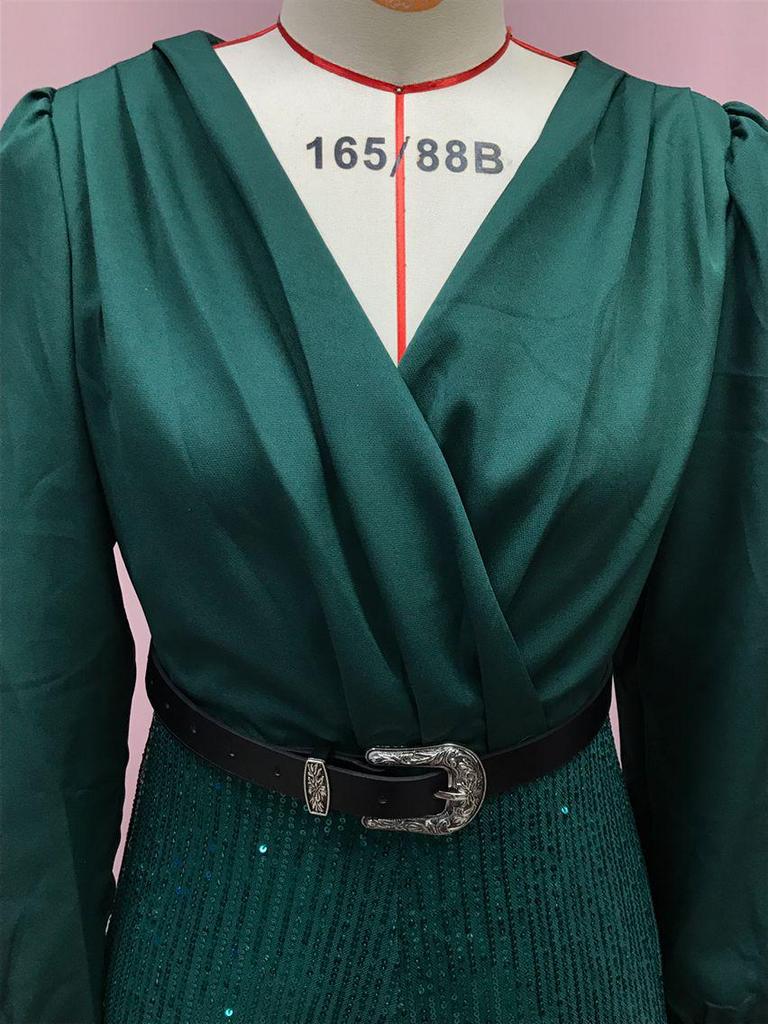 2025 Women's Fashion Sequin V-neck Elegant Slimming Wide-leg Long-sleeve Shirt