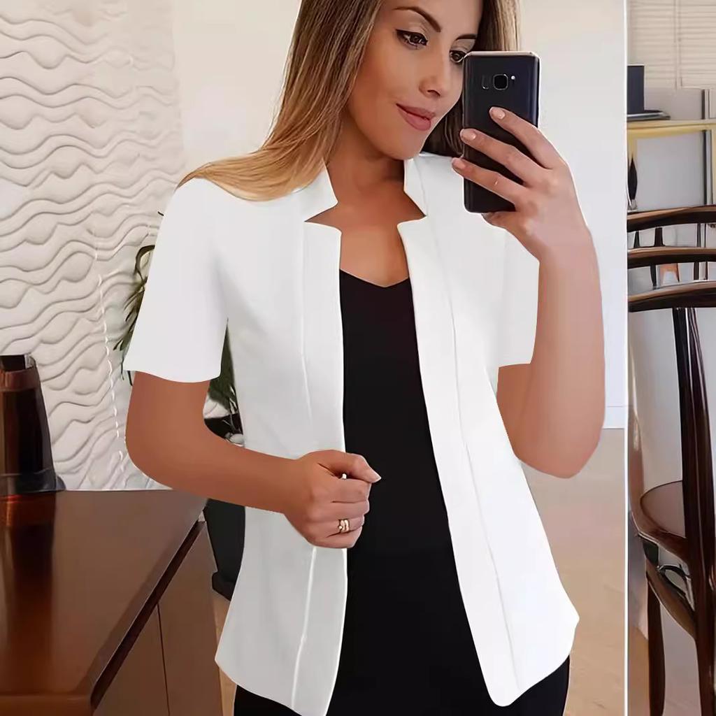 Women S Solid Color Short Sleeve Blazer Casual Office Jacket